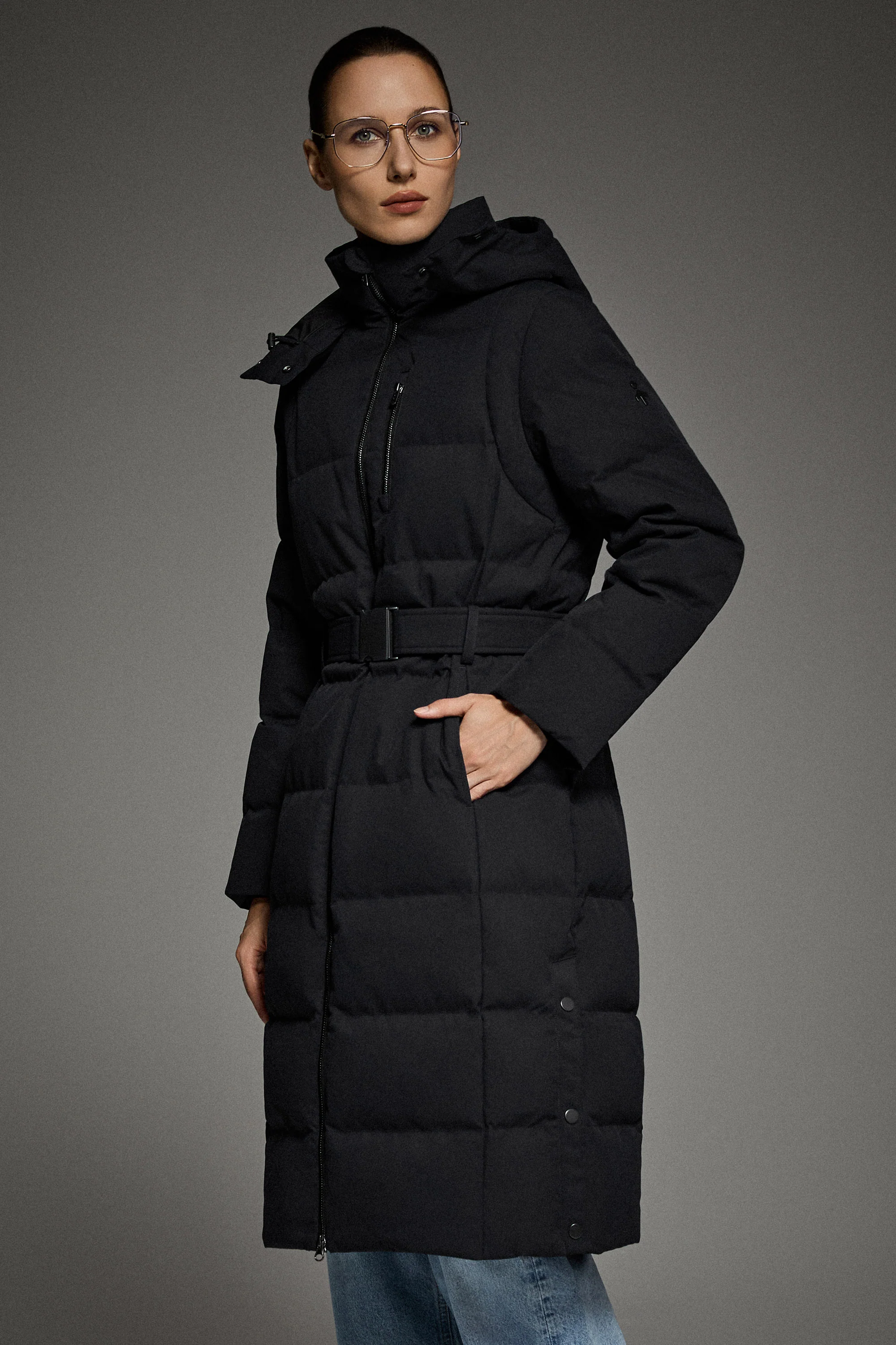 Celeste Long Hooded Belted Down Coat - Image 20