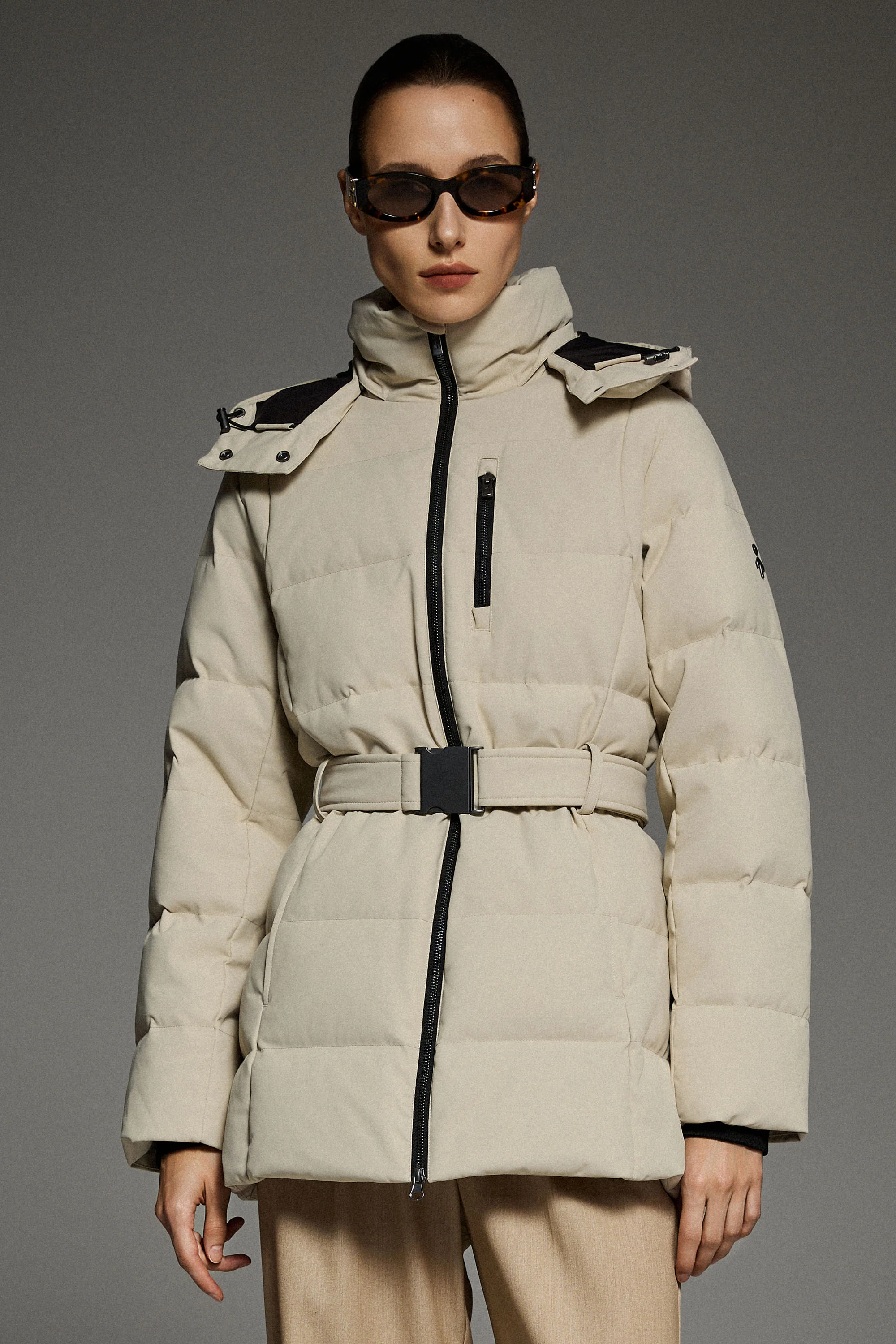 Celeste Polished Edge Belted Hooded Down Jacket - Image 10