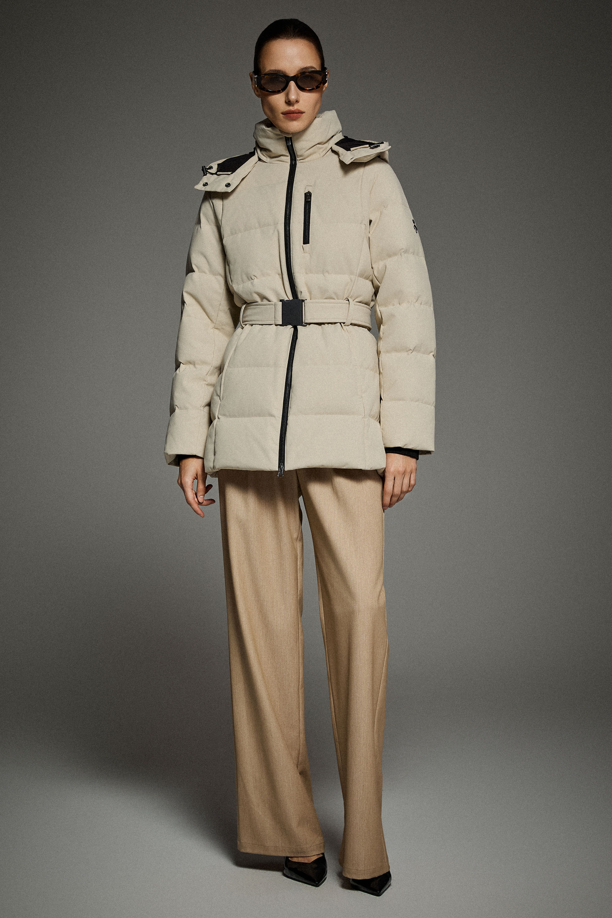 Celeste Polished Edge Belted Hooded Down Jacket - Image 11