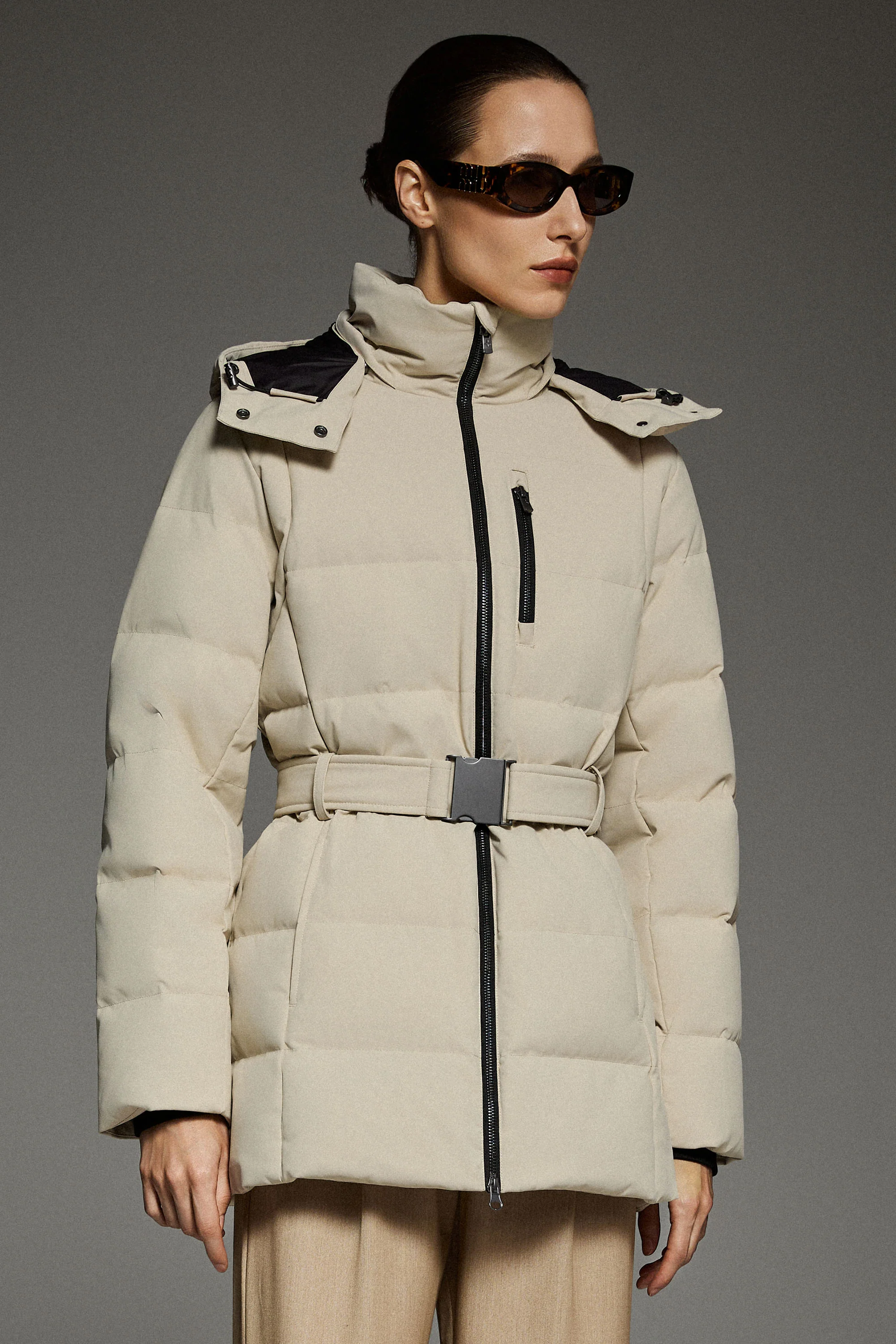 Celeste Polished Edge Belted Hooded Down Jacket - Image 12