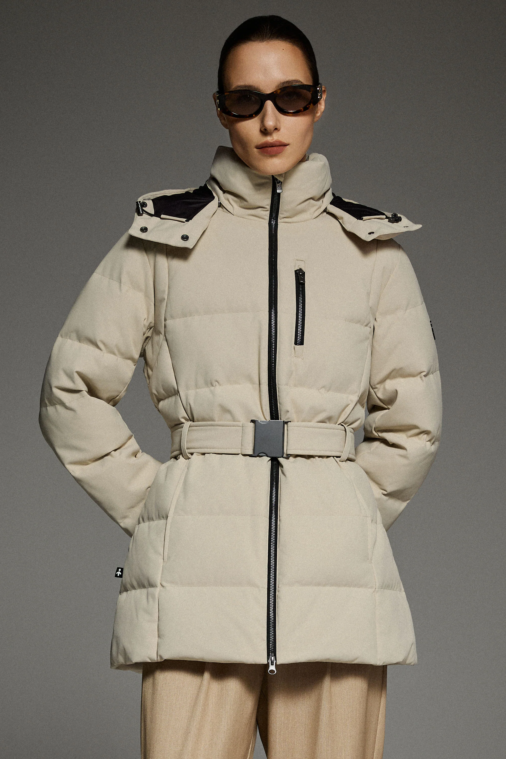 Celeste Polished Edge Belted Hooded Down Jacket - Image 13