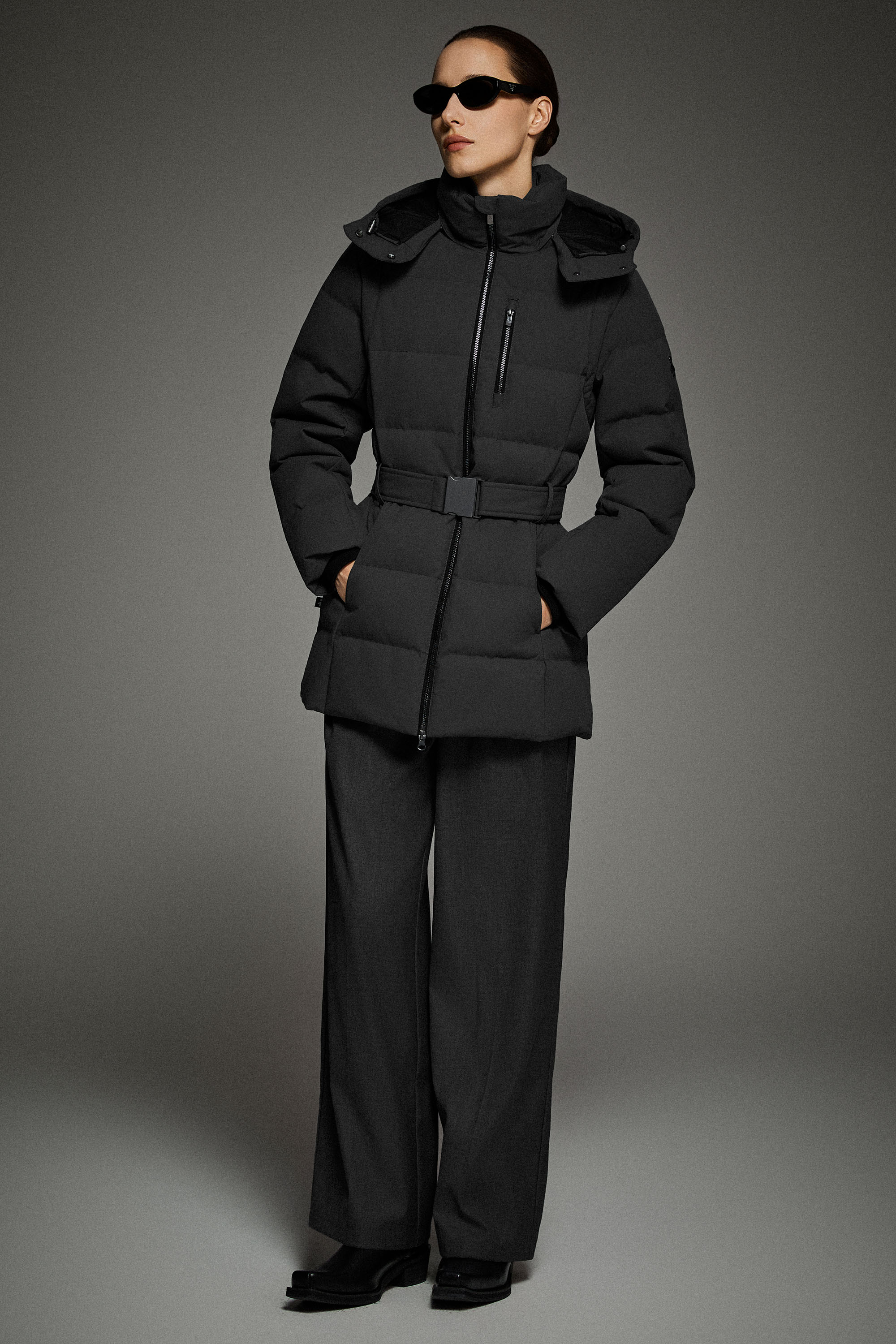 Celeste Polished Edge Belted Hooded Down Jacket - Image 14
