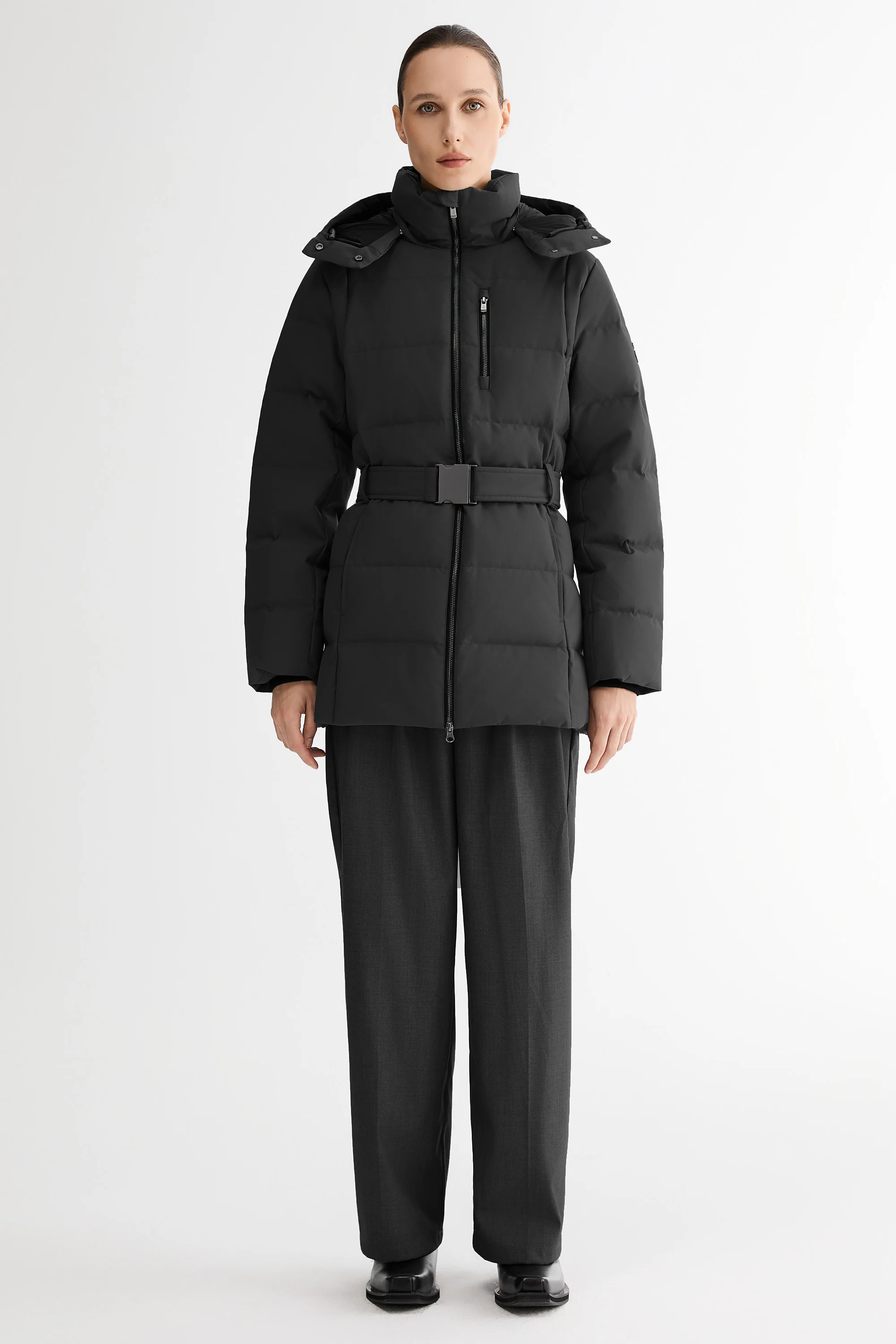 Celeste Polished Edge Belted Hooded Down Jacket - Image 18