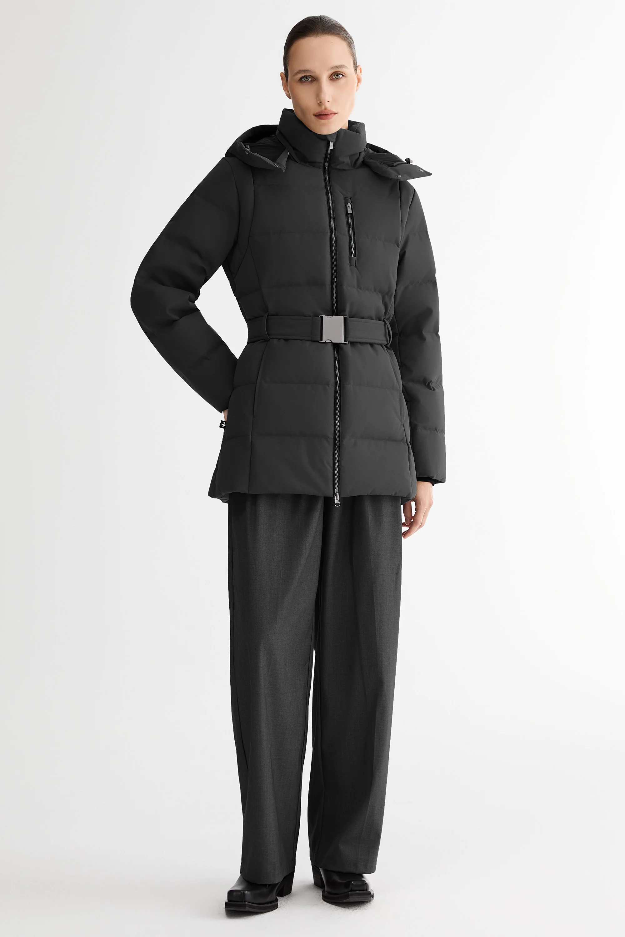 Celeste Polished Edge Belted Hooded Down Jacket - Image 19