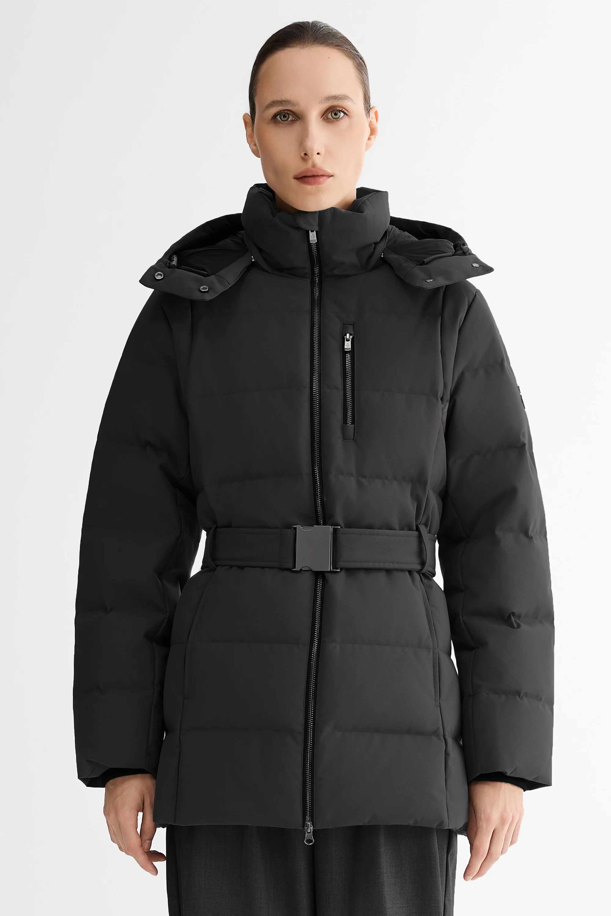 Celeste Polished Edge Belted Hooded Down Jacket - Image 20