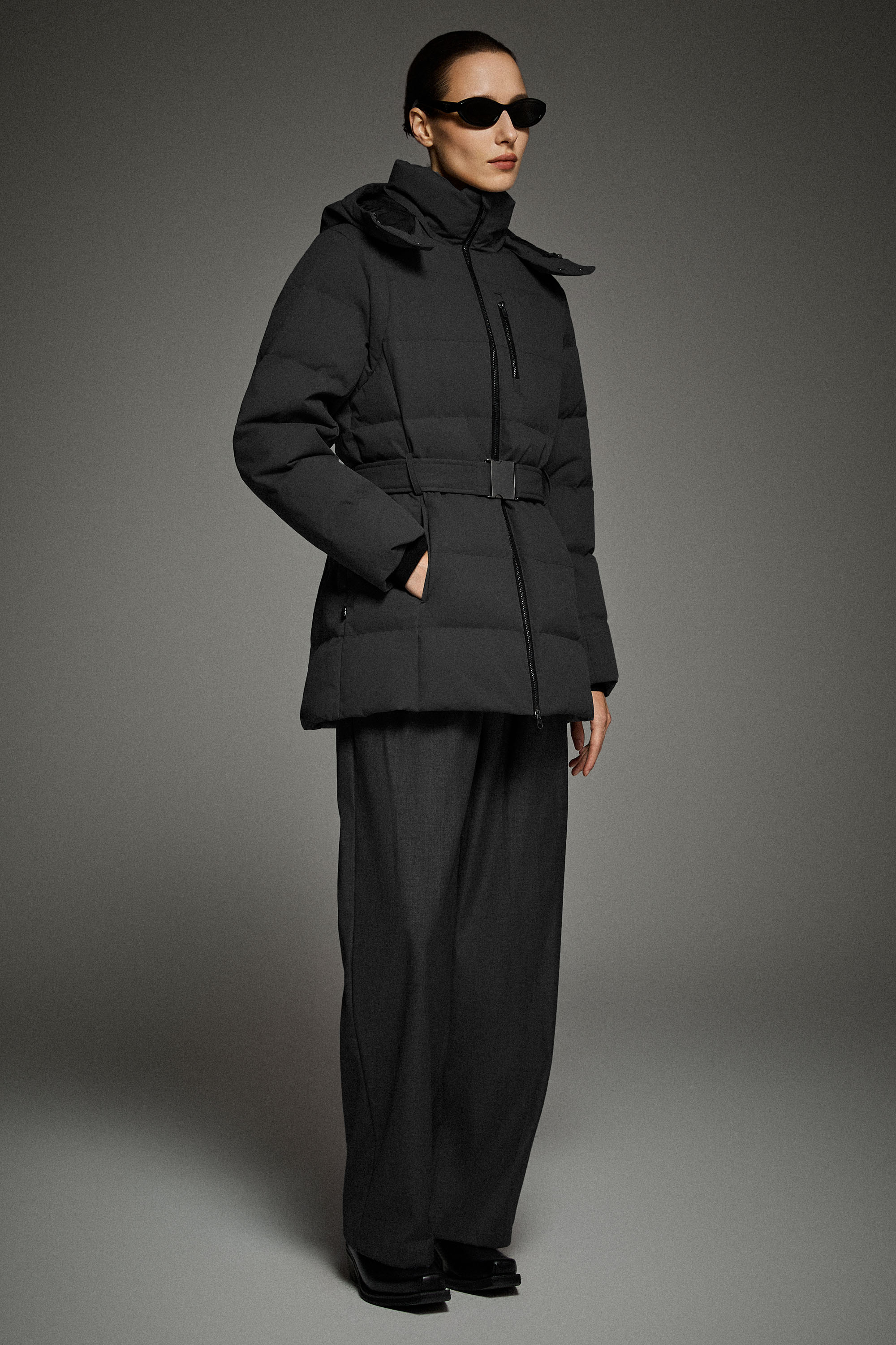 Celeste Polished Edge Belted Hooded Down Jacket - Image 23