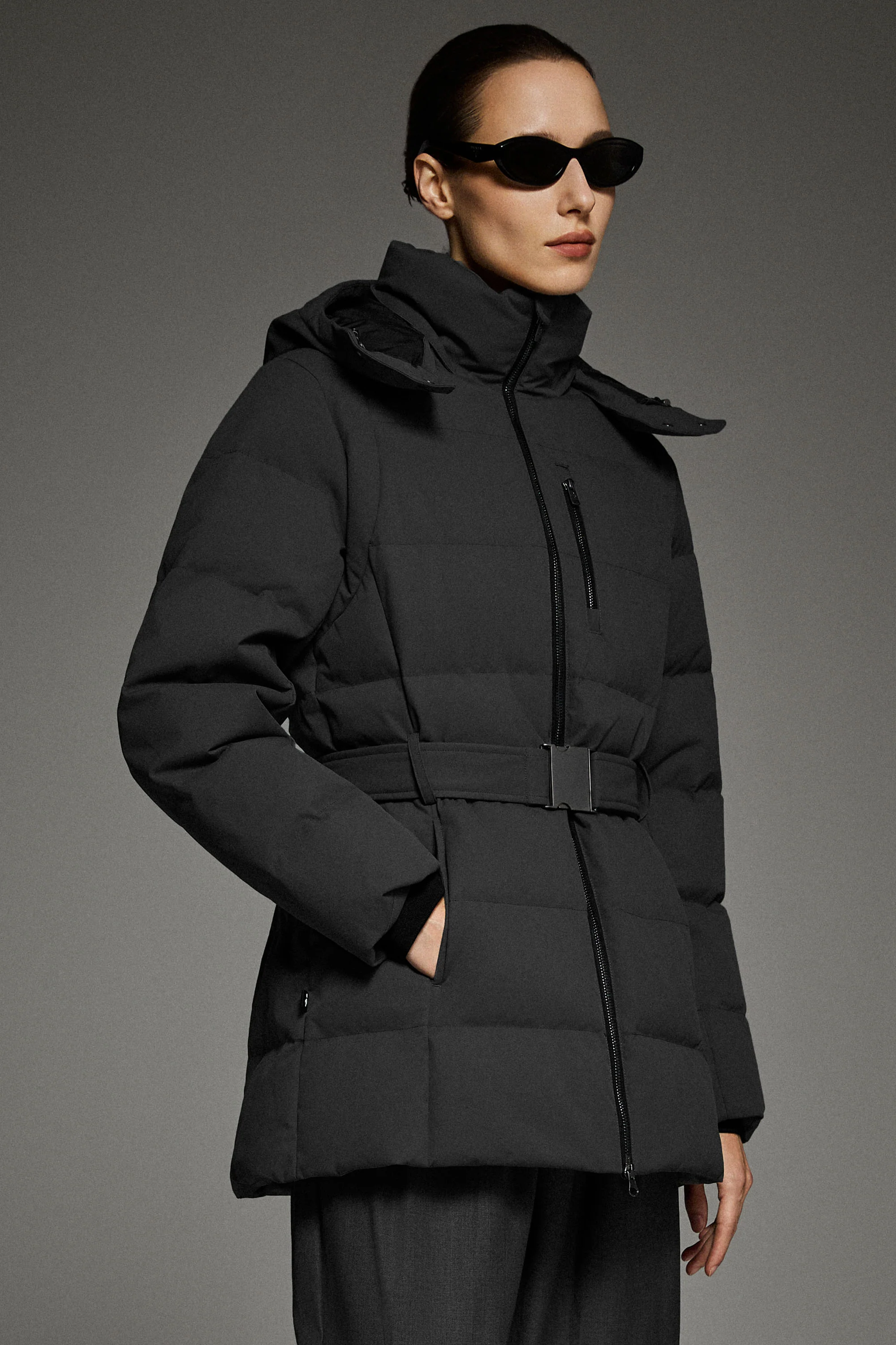 Celeste Polished Edge Belted Hooded Down Jacket - Image 24
