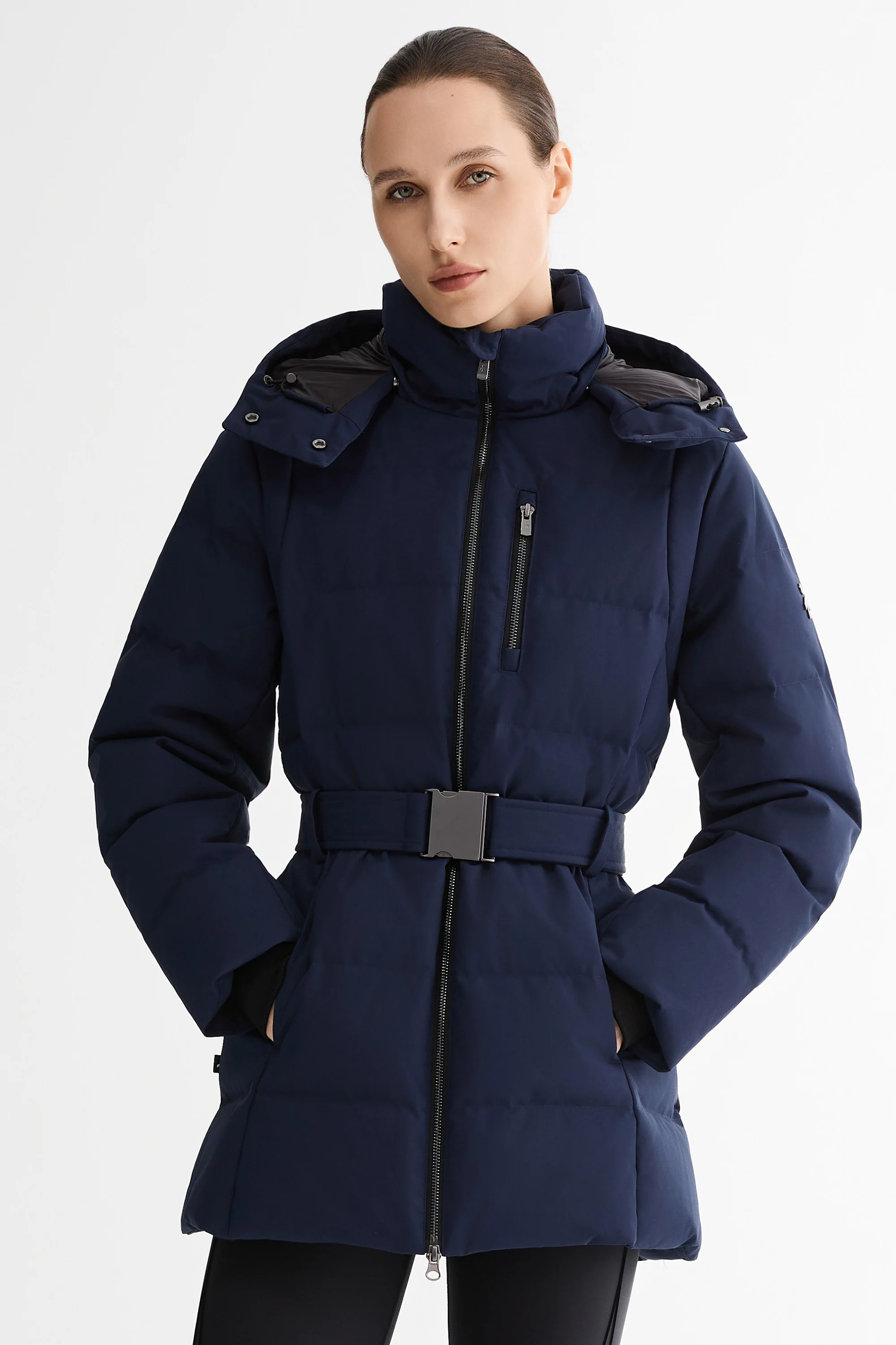 Celeste Polished Edge Belted Hooded Down Jacket - Image 31