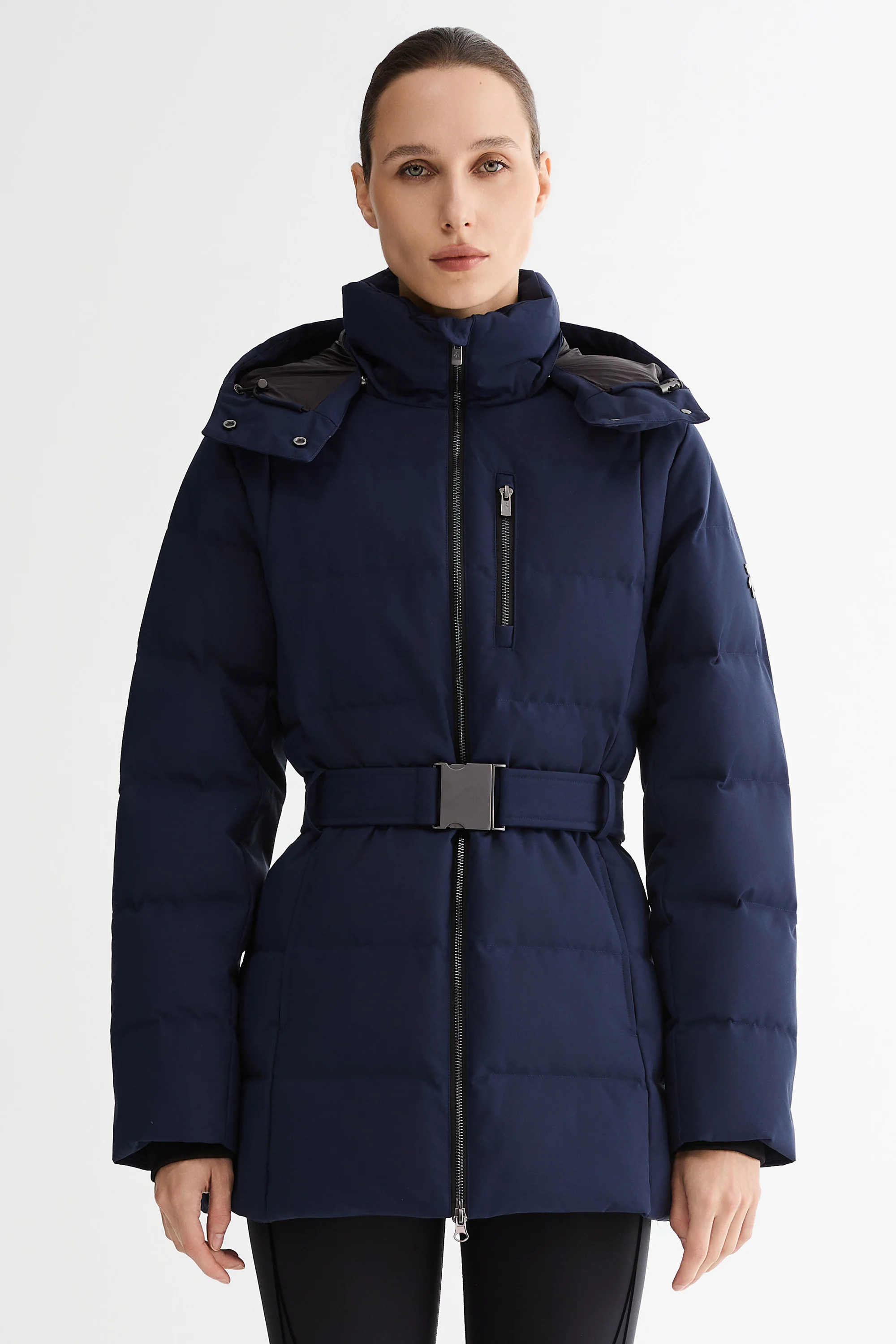 Celeste Polished Edge Belted Hooded Down Jacket - Image 34