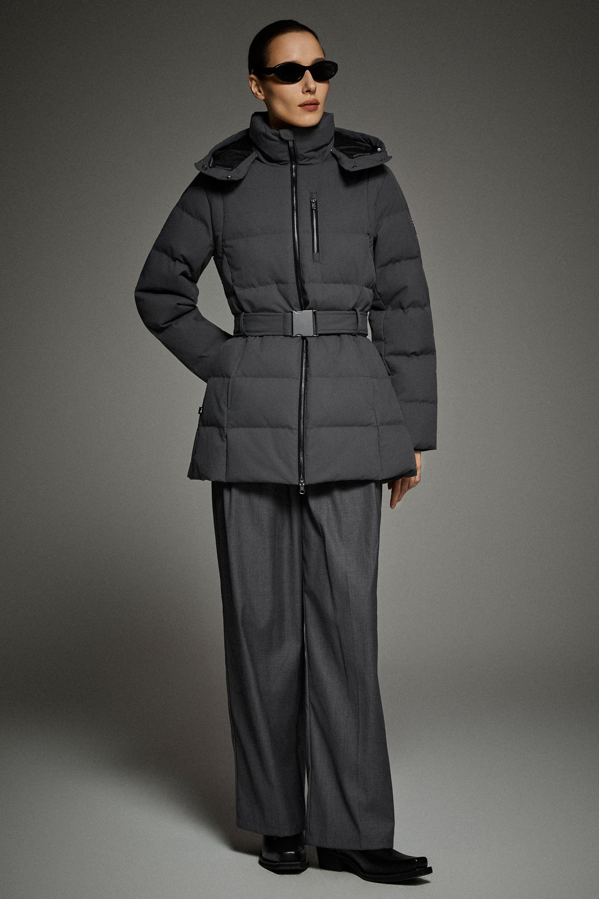 Celeste Polished Edge Belted Hooded Down Jacket - Image 35