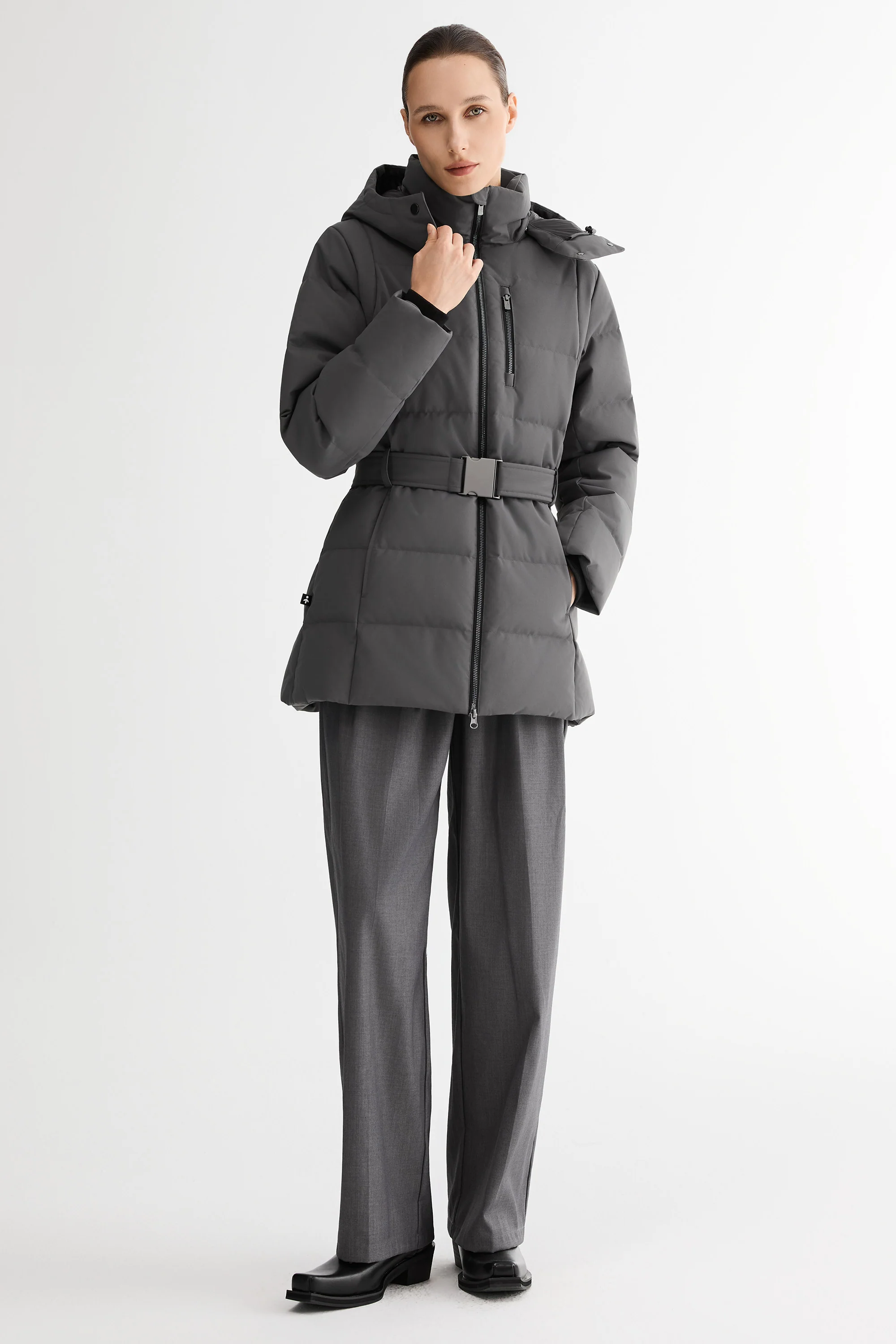 Celeste Polished Edge Belted Hooded Down Jacket - Image 39