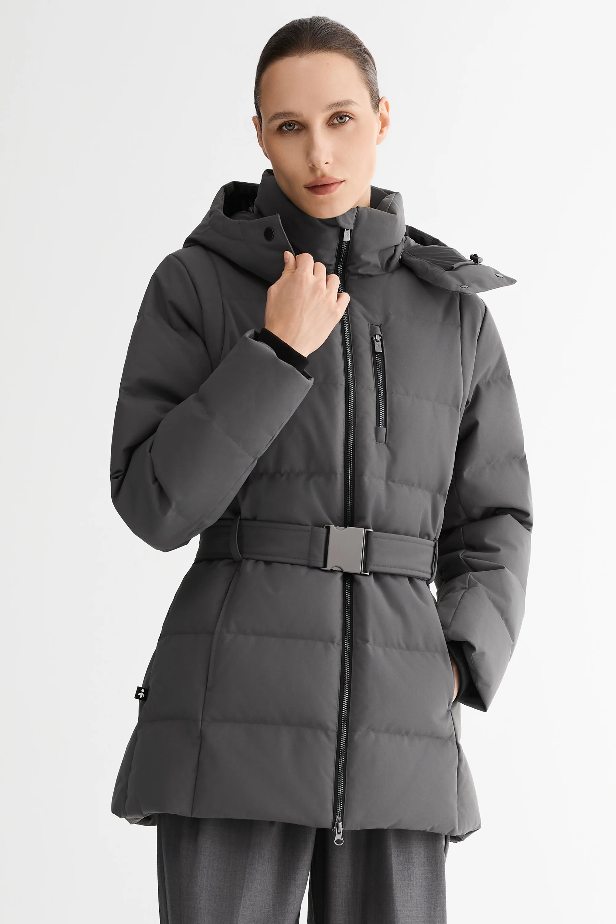 Celeste Polished Edge Belted Hooded Down Jacket - Image 40