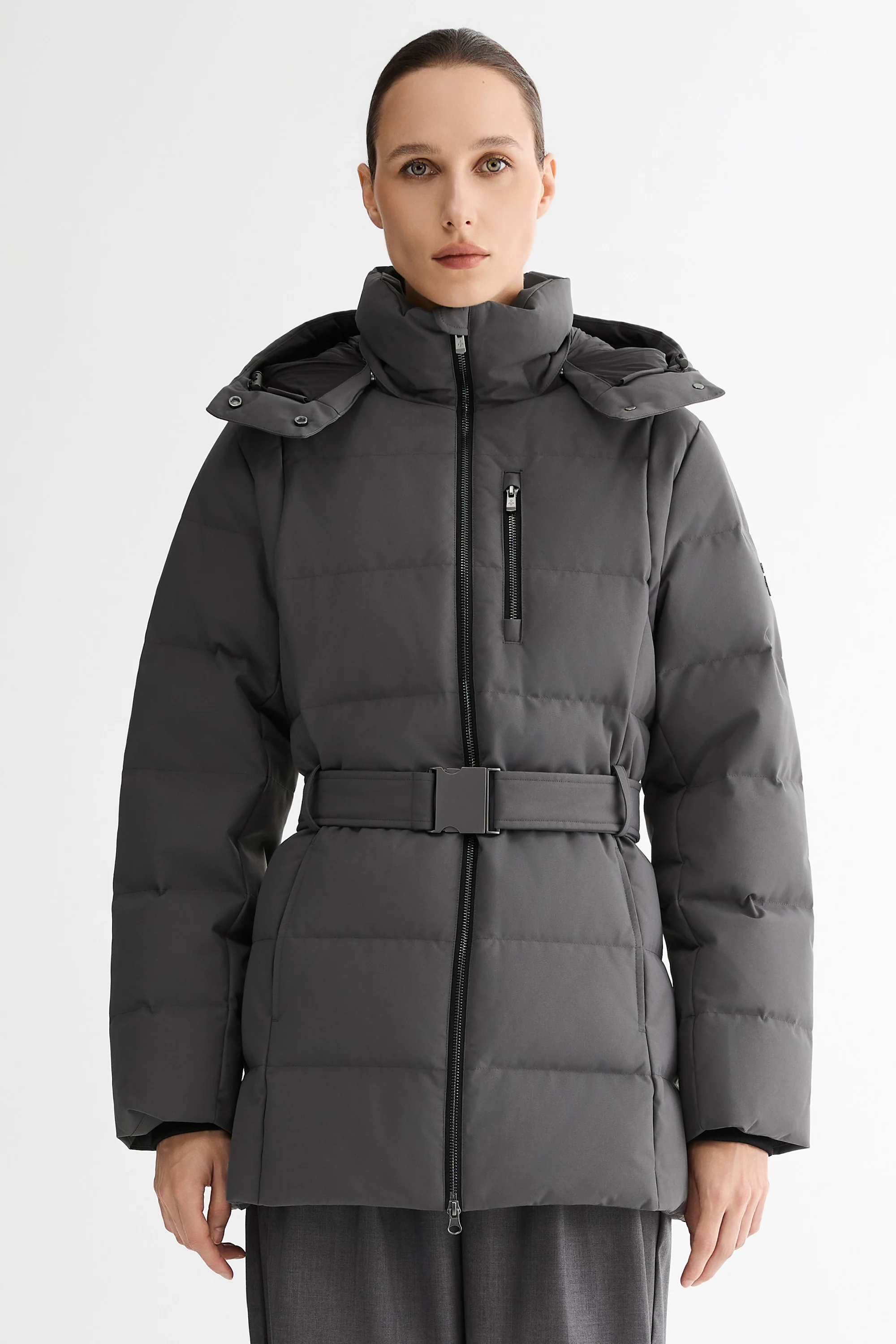 Celeste Polished Edge Belted Hooded Down Jacket - Image 41