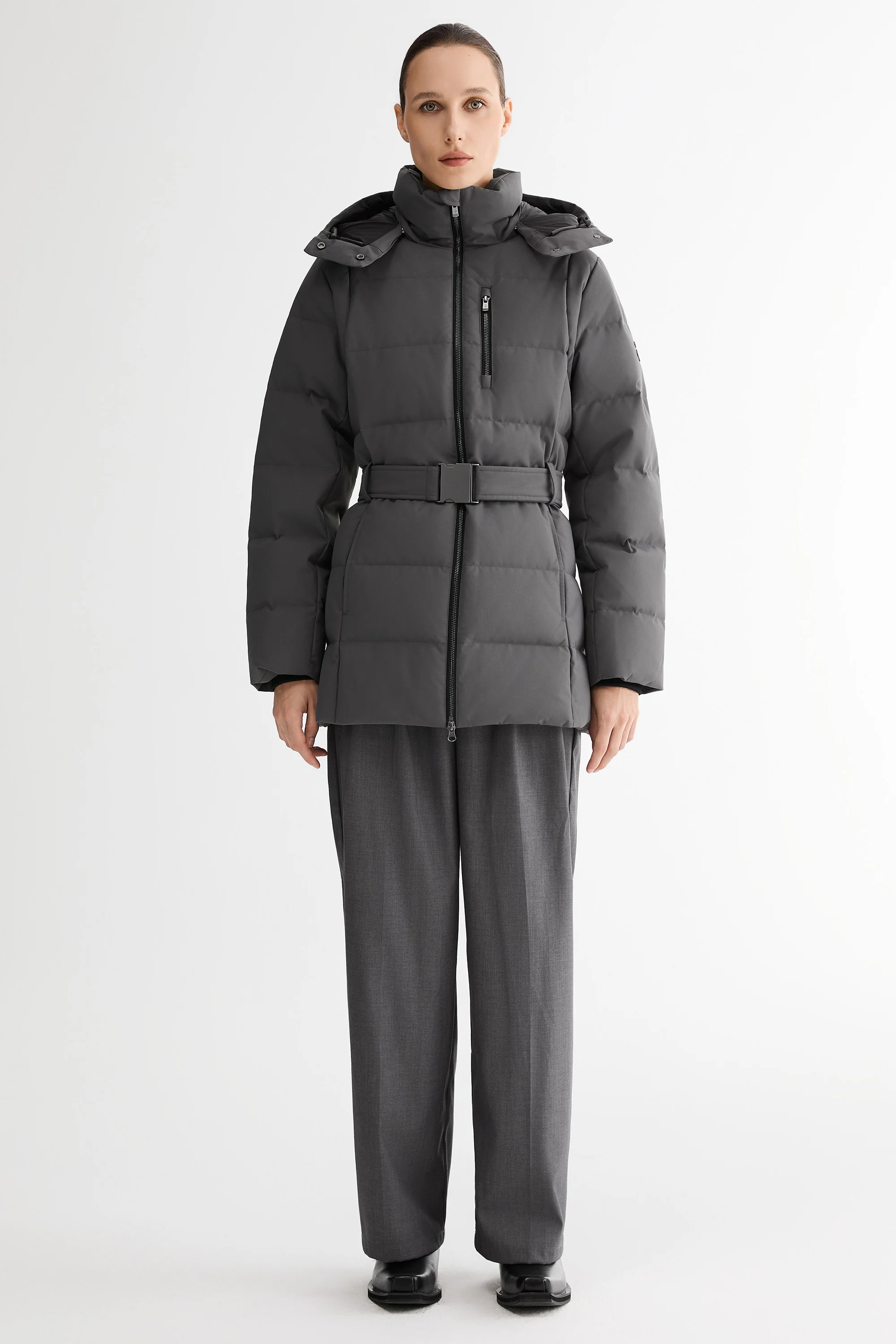 Celeste Polished Edge Belted Hooded Down Jacket - Image 42