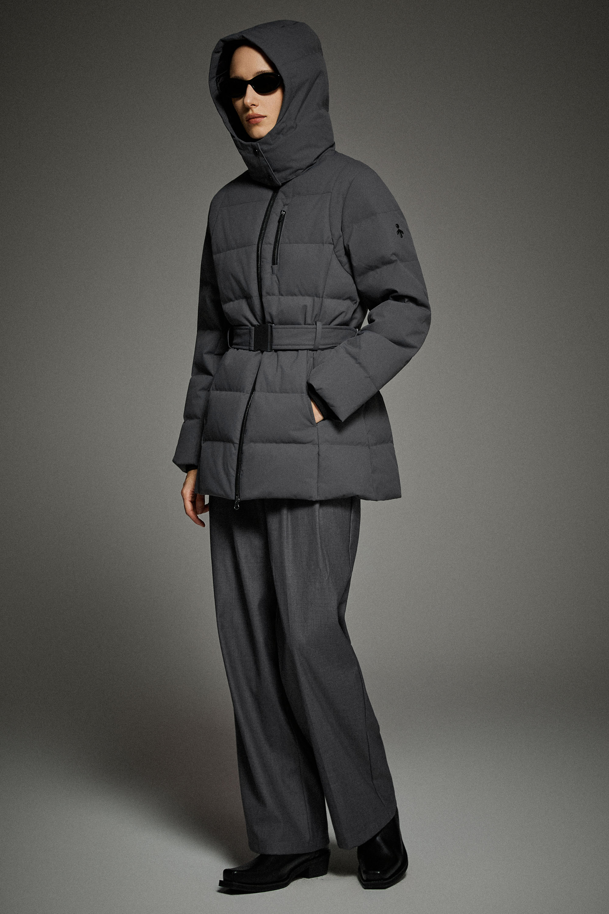 Celeste Polished Edge Belted Hooded Down Jacket - Image 43