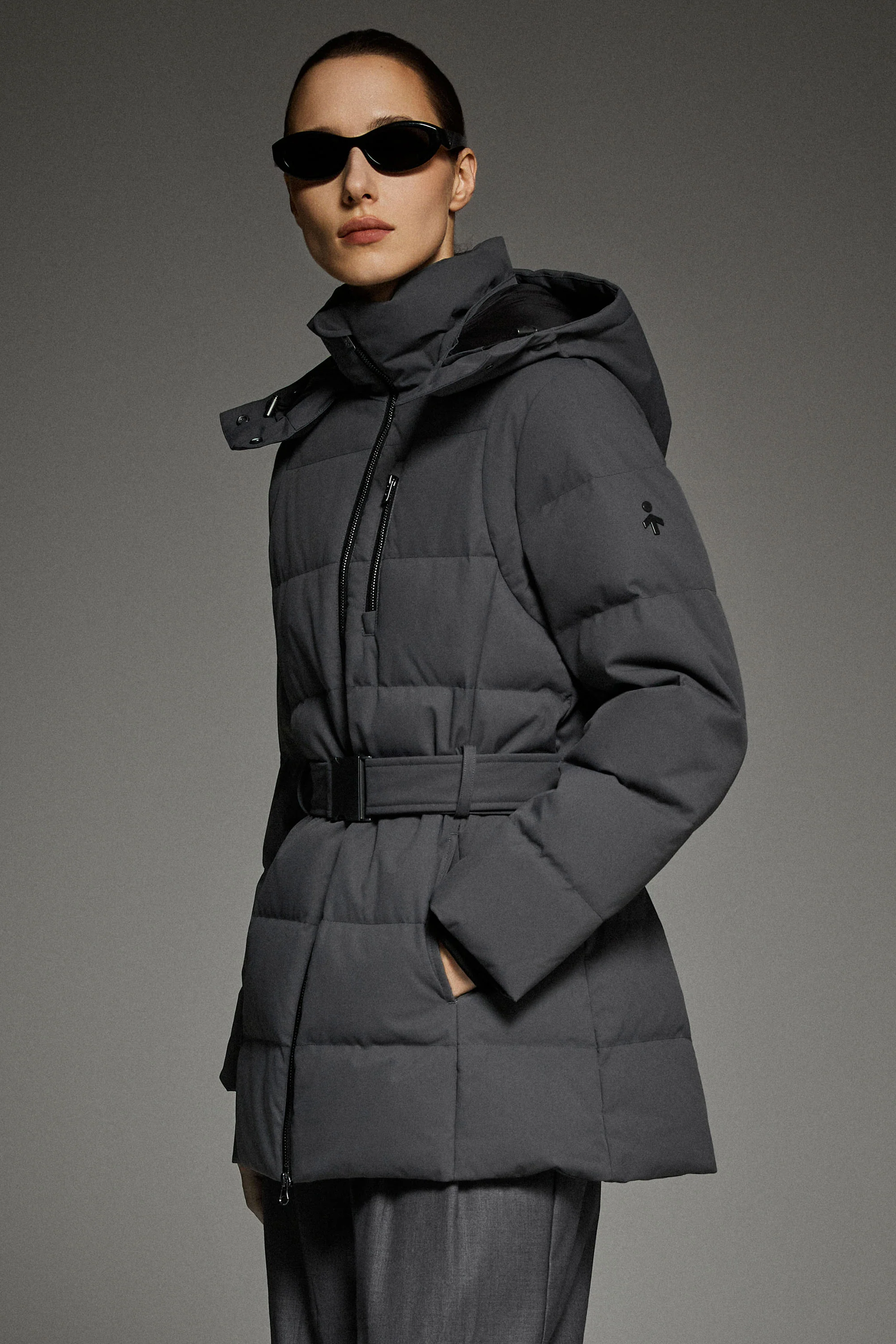 Celeste Polished Edge Belted Hooded Down Jacket - Image 44
