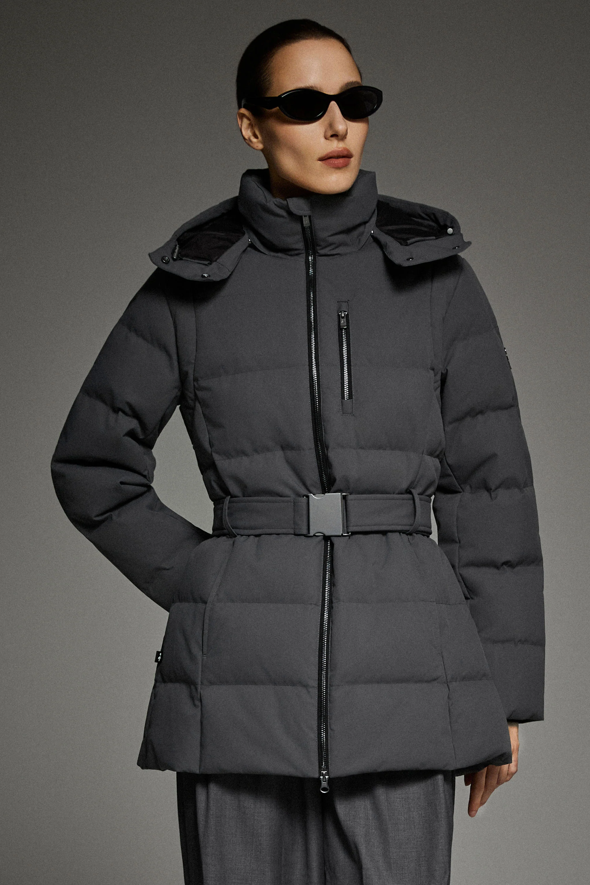 Celeste Polished Edge Belted Hooded Down Jacket - Image 45