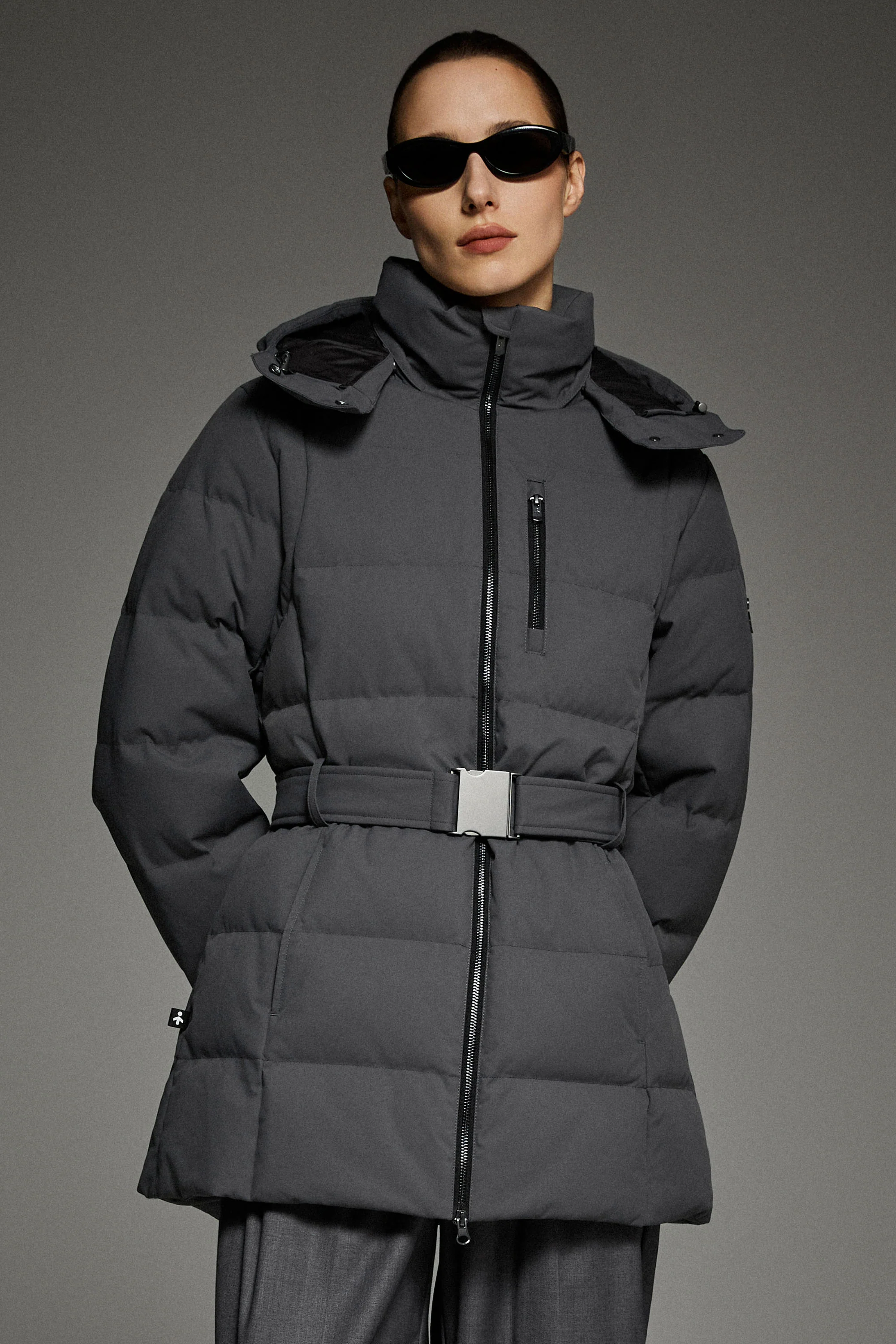 Celeste Polished Edge Belted Hooded Down Jacket - Image 46