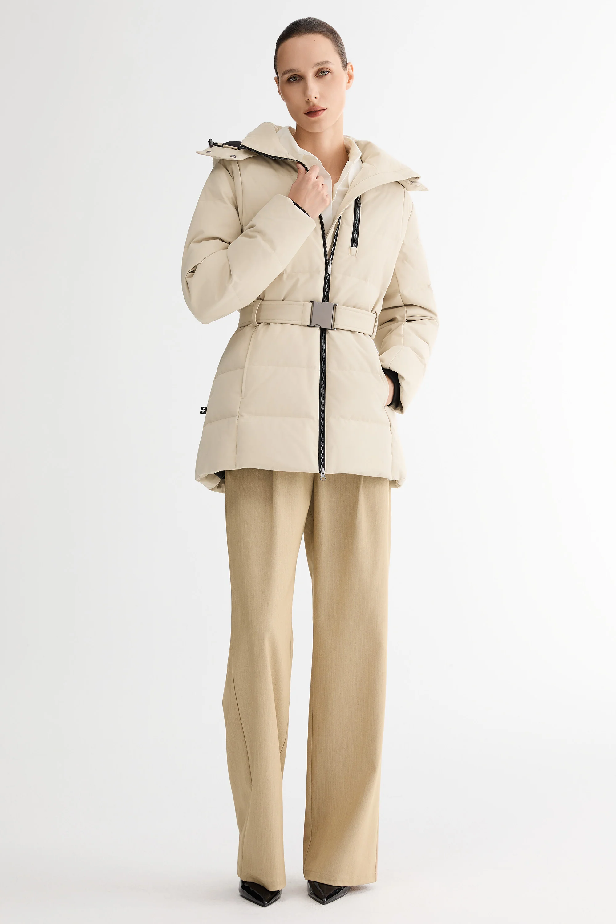 Celeste Polished Edge Belted Hooded Down Jacket - Image 6