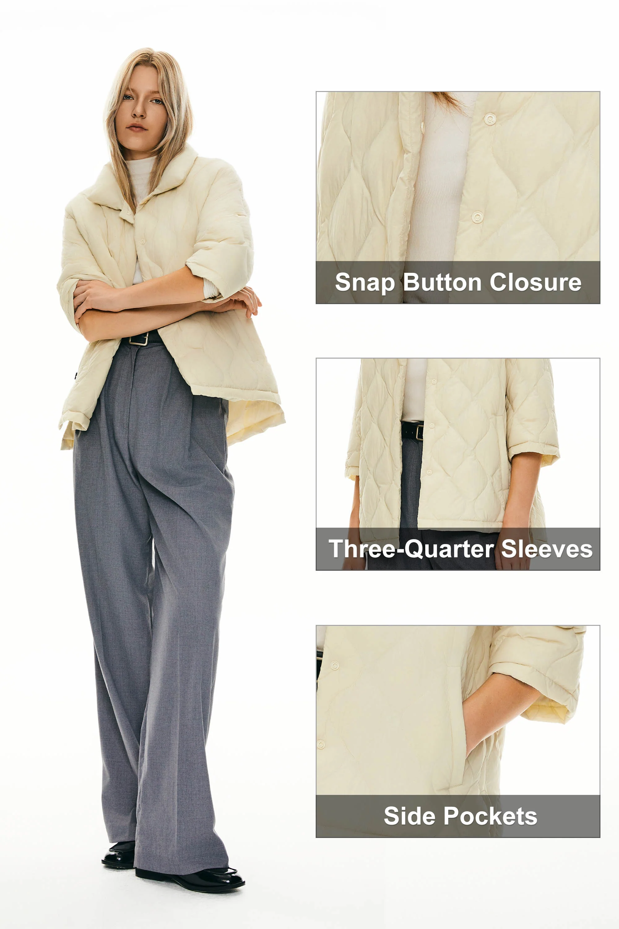 Down Puffer Jacket Three-quarter Sleeves Lightweight Oversized - Image 8
